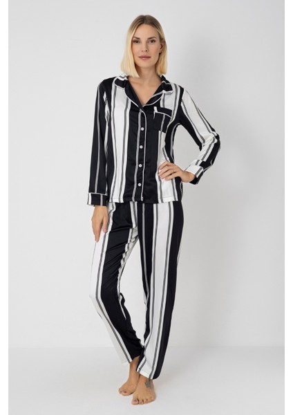 Kadın Uzun Kollu Kışlık Saten Pijama Takımı – Siyah Beyaz Çizgili, Gömlek Yaka, Biyeli fiyatları