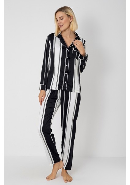 Kadın Uzun Kollu Kışlık Saten Pijama Takımı – Siyah Beyaz Çizgili, Gömlek Yaka, Biyeli modelleri