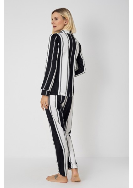 Kadın Uzun Kollu Kışlık Saten Pijama Takımı – Siyah Beyaz Çizgili, Gömlek Yaka, Biyeli fırsatları
