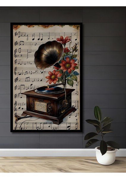 Çerçeve Görünümlü Retro Gramofon ve Çiçekli Ahşap Mdf Dekoratif Tablo Dikdörtgen Tablo