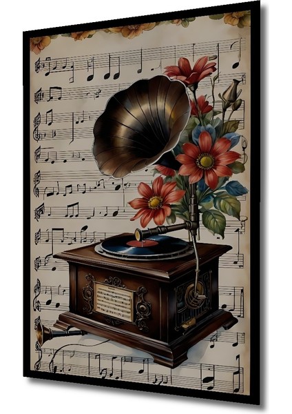 Çerçeve Görünümlü Retro Gramofon ve Çiçekli Ahşap Mdf Dekoratif Tablo Dikdörtgen Tablo fiyatları