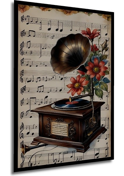 Çerçeve Görünümlü Retro Gramofon ve Çiçekli Ahşap Mdf Dekoratif Tablo Dikdörtgen Tablo modelleri