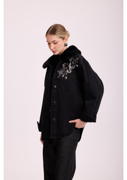 4909 Kürklü İşlemeli Denim Ceket modelleri
