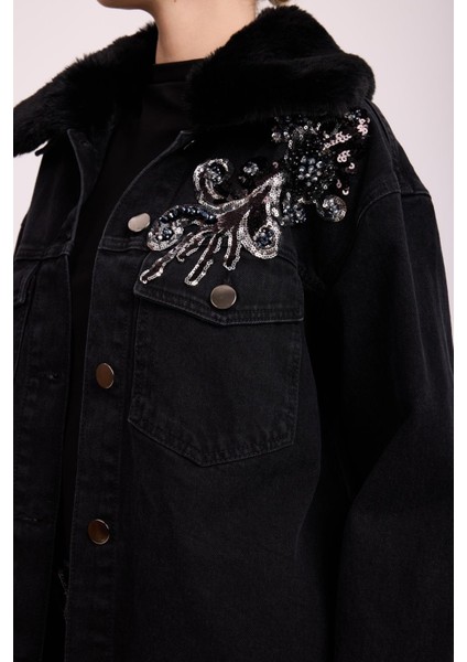 4909 Kürklü İşlemeli Denim Ceket fırsatları