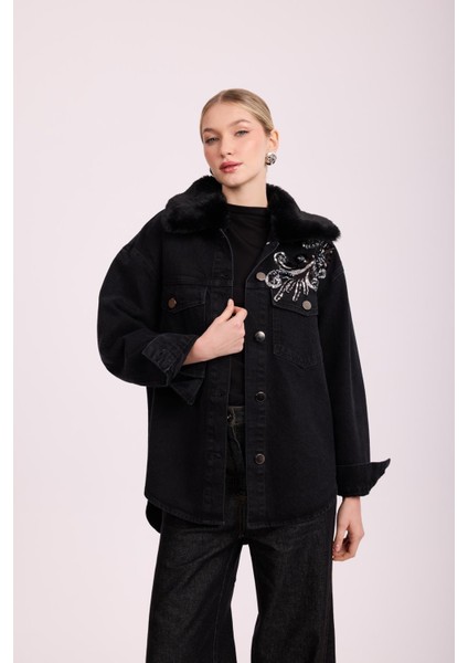 4909 Kürklü İşlemeli Denim Ceket indirimleri