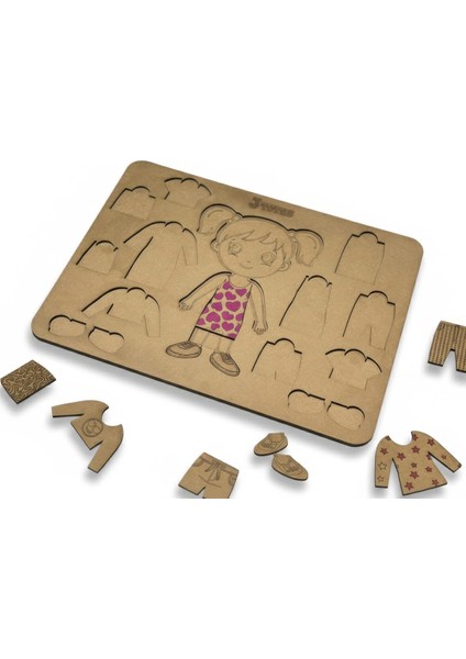 Jtoys Eğitici Ahşap Kız Giydirme Puzzle, El Becerisi Geliştiren Montessori Oyuncak