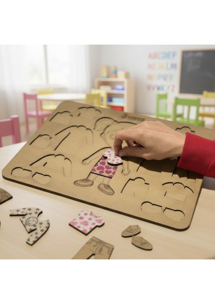 Jtoys Eğitici Ahşap Kız Giydirme Puzzle, El Becerisi Geliştiren Montessori Oyuncak