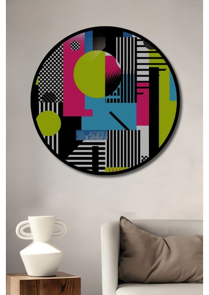 Çerçeve Görünümlü Soyut Sanat Geometrik Desen Ahşap Mdf Dekoratif Tablo Yuvarlak Tablo