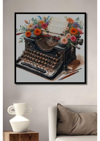 Çerçeve Görünümlü Vintage Çiçekli Daktilo Ahşap Mdf Dekoratif Tablo Dikdörtgen Tablo