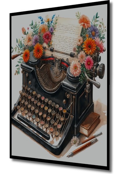 Çerçeve Görünümlü Vintage Çiçekli Daktilo Ahşap Mdf Dekoratif Tablo Dikdörtgen Tablo fiyatları