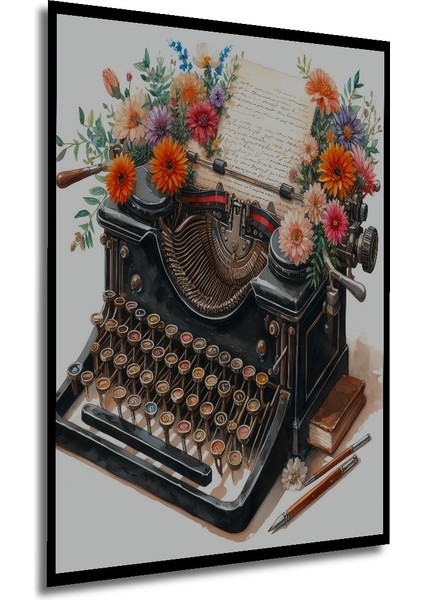 Çerçeve Görünümlü Vintage Çiçekli Daktilo Ahşap Mdf Dekoratif Tablo Dikdörtgen Tablo modelleri