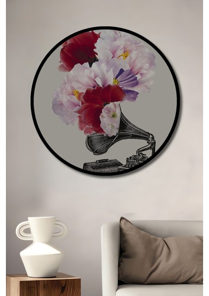 Çerçeve Görünümlü Çiçekli Nostaljik Gramofon Ahşap Mdf Dekoratif Tablo Yuvarlak Tablo