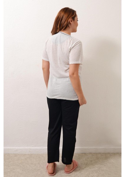 Pınkmark Kadın Ekru Siyah Nakışlı Kısa Kol Büyük Beden Pijama Takımı PMTK25512
