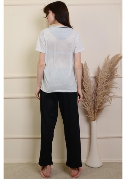 Pınkmark Kadın Ekru Siyah Nakışlı Kısa Kol Büyük Beden Pijama Takımı PMTK25512 modelleri