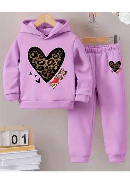 Punıx Kıds Özel Seri Kapüşonlu Leopar Kalp Love Baskılı %100 Pamuk Kışlık Kız Çocuk Lüx Eşofman Takımı