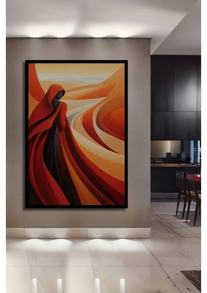 Çerçeve Görünümlü Kırmızı Pelerinli Kadın Dekoratif Ahşap Mdf Tablo Dikdörtgen Tablo