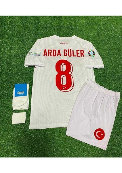 Türkiye 2024 8 Numara Beyaz Çocuk Forması 4'lü Set (Euro 2024 Patch) Beyaz