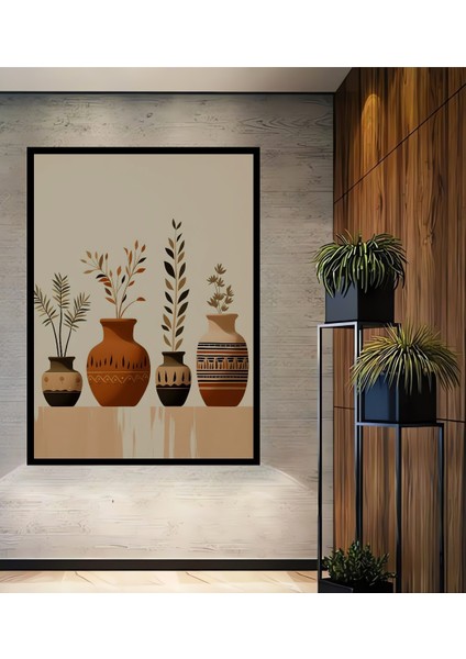 Çerçeve Görünümlü Dekoratif Ahşap Mdf Tablo Vintage Çiçekli Vazolar Dikdörtgen Tablo