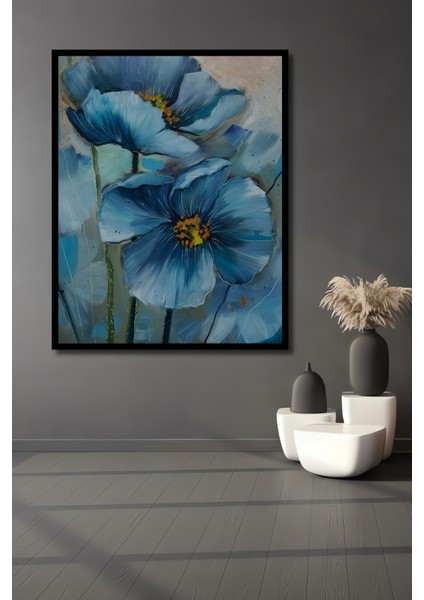 Çerçeve Görünümlü Mavi Gelincik Çiçekleri Dekoratif Ahşap Mdf Tablo Dikdörtgen Tablo