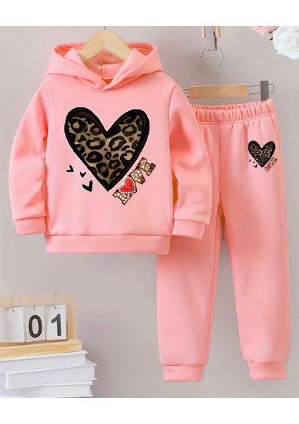 Punıx Kıds Özel Seri Kapüşonlu Leopar Kalp Love Baskılı %100 Pamuk Kışlık Kız Çocuk Lüx Eşofman Takımı