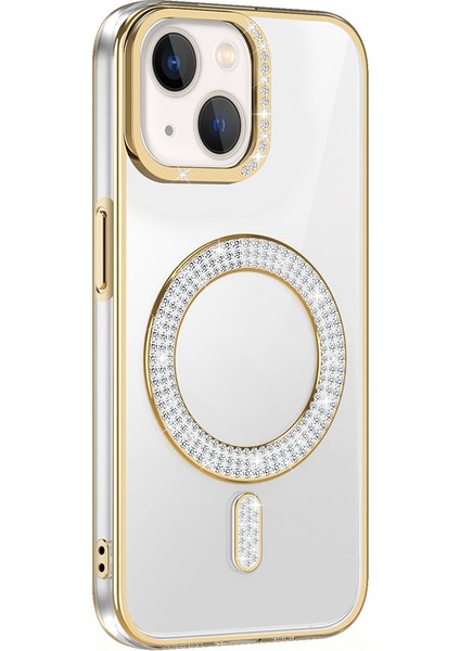 Apple iPhone 13 Kılıf Pırlanta Taş Tasarımlı M-Safe Şarj Özellikli Zore Karetta Silikon Kapak