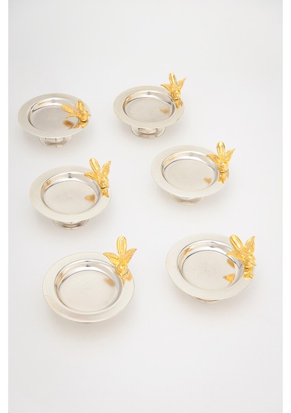 6'lı Lüks Gümüş Renkli Altın Kuş Figürlü Ayaklı Metal Lokumluk Ikramlık Seti