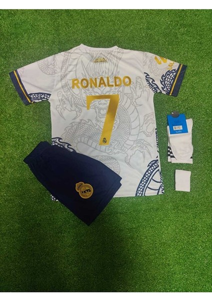 Real Madrid 2023/24 Yeni Sezon Ronaldo Dragon Desenli(Gold) Çocuk Forması Şort Çorap Bileklik Seti
