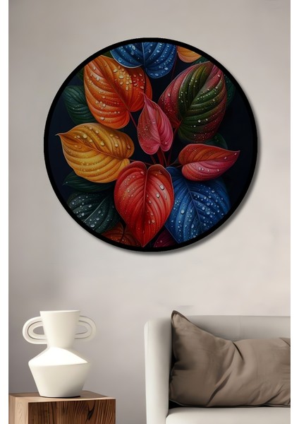 Çerçeve Görünümlü Renkli Tropikal Yapraklar Dekoratif Ahşap Mdf Tablo Yuvarlak Tablo