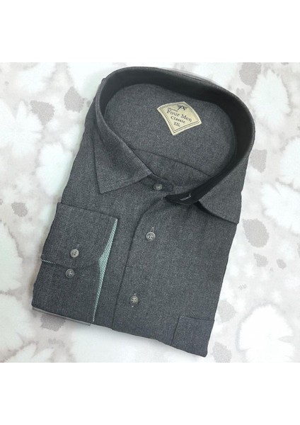 Klasik %100 Cotton Uzun Kollu Terletmeyen Kışlık Flanel Kumaş Koyu Gri Gömlek (Regular Kalıp)