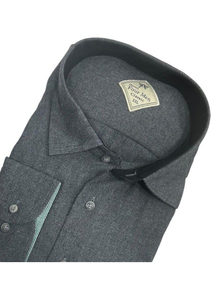 Klasik %100 Cotton Uzun Kollu Terletmeyen Kışlık Flanel Kumaş Koyu Gri Gömlek (Regular Kalıp) fiyatları