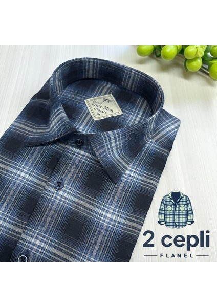 Iki Cepli Kapaklı Klasik %100 Cotton Uzun Kollu Terletmeyen Kışlık Flanel Kumaş Lacivert Gömlek (Regular Kalıp)