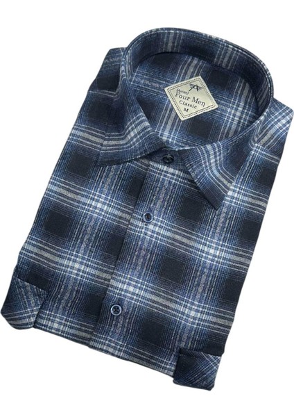 Iki Cepli Kapaklı Klasik %100 Cotton Uzun Kollu Terletmeyen Kışlık Flanel Kumaş Lacivert Gömlek (Regular Kalıp) fiyatları