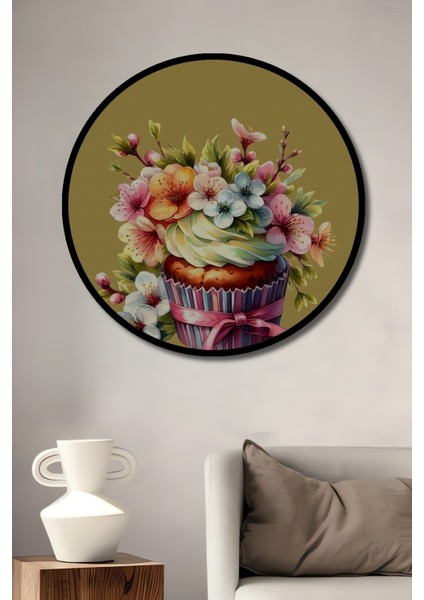 Çerçeve Görünümlü Çiçekli Cupcake Pastoral Ahşap Mdf Dekoratif Tablo Yuvarlak Tablo
