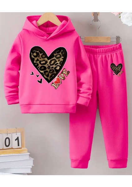 Punıx Kıds Özel Seri Kapüşonlu Leopar Kalp Love Baskılı %100 Pamuk Kışlık Kız Çocuk Lüx Eşofman Takımı