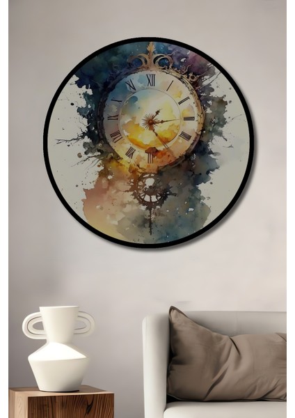 Çerçeve Görünümlü Su Renkleriyle Eski Saat Dekoratif Ahşap Mdf Tablo Yuvarlak Tablo