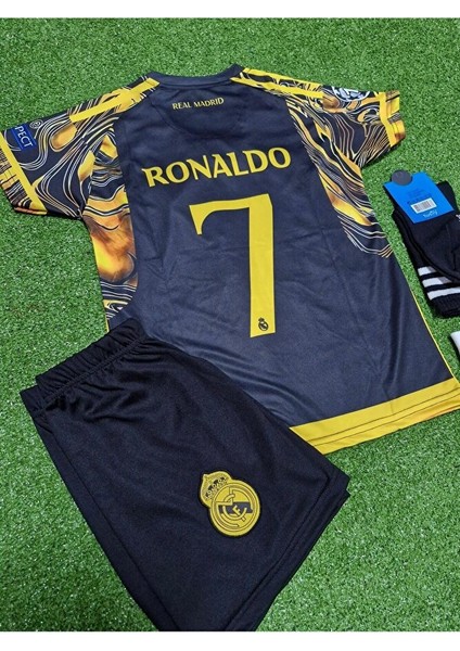 Real Madrid 2023/24 Yeni Sezon Cristiano Ronaldo Özel Çocuk Konsept Forması 4'ü Set (Blackyellow)