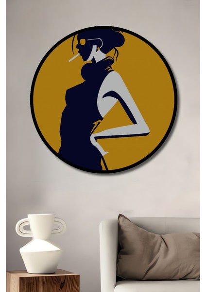 Çerçeve Görünümlü Retro Tarz Kadın Silüeti Dekoratif Ahşap Mdf Tablo Yuvarlak Tablo