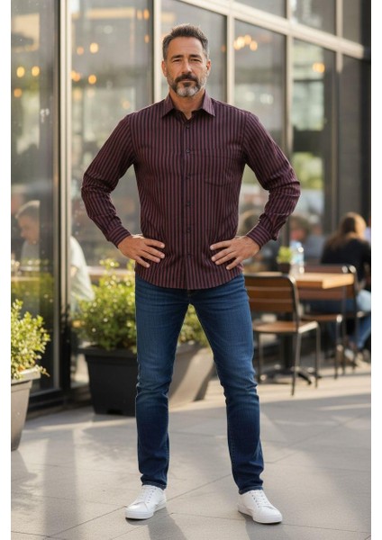 Klasik %100 Cotton Bordo Uzun Kollu Mevsimlik Çizgili Gömlek (Regular Kalıp)