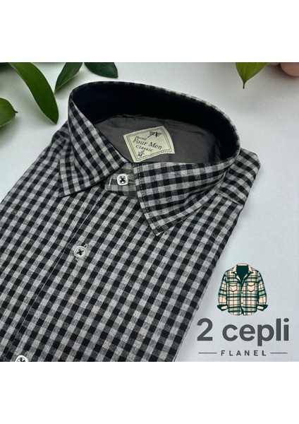 Iki Cepli Kapaklı Klasik %100 Cotton Uzun Kollu Terletmeyen Kışlık Flanel Kumaş Gri Gömlek (Regular Kalıp)