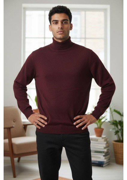 Uzun Kollu Bordo Balıkçı Yaka Kazak (Unisex)