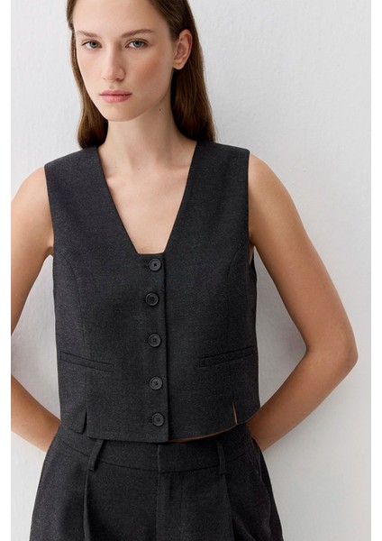 Kadın Yün Karışımlı Antrasit Yelek 1110796-87829