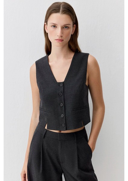 Kadın Yün Karışımlı Antrasit Yelek 1110796-87829 modelleri