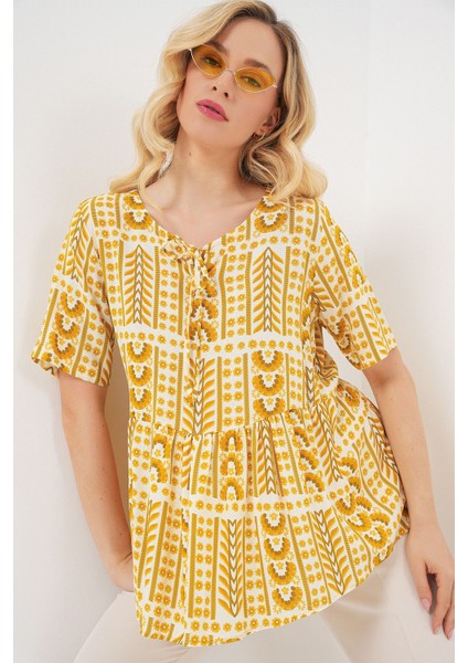 Kadın Bdart Desenli Bisiklet Yaka Bağlama Detaylı Bluz Kehribar Sarısı