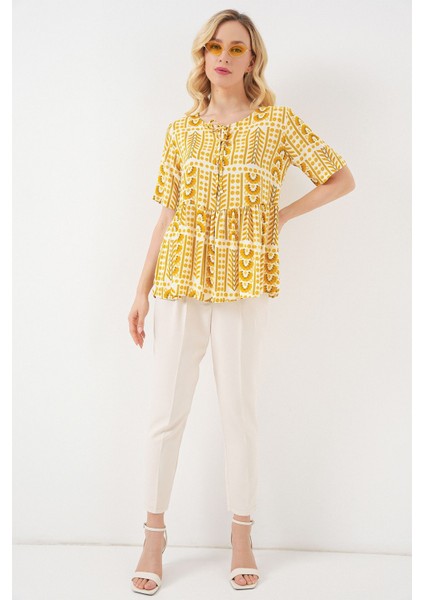 Kadın Bdart Desenli Bisiklet Yaka Bağlama Detaylı Bluz Kehribar Sarısı fiyatları