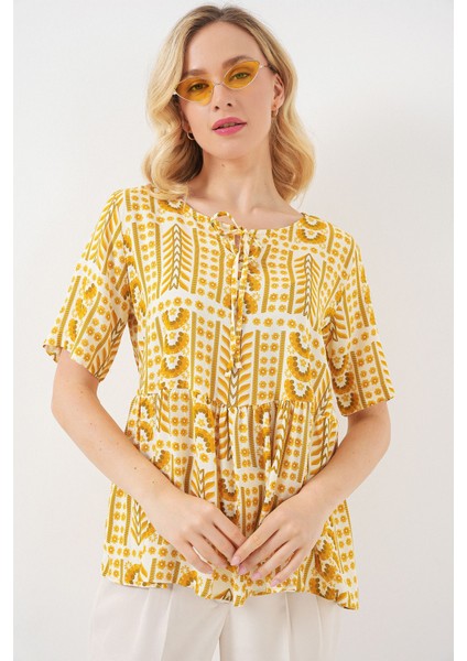 Kadın Bdart Desenli Bisiklet Yaka Bağlama Detaylı Bluz Kehribar Sarısı modelleri