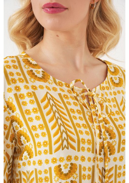 Kadın Bdart Desenli Bisiklet Yaka Bağlama Detaylı Bluz Kehribar Sarısı indirimleri