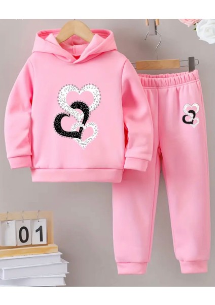 Punıx Kıds Özel Seri Kapüşonlu Anne-Çocuk Kalbi Baskılı %100 Pamuk Kışlık Trend Kız Çocuk-Kadın Eşofman Takımı