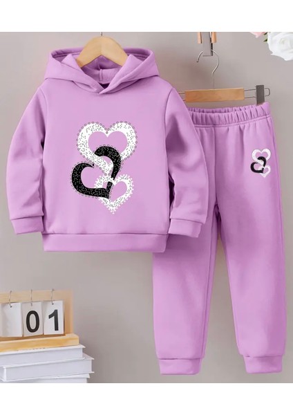 Punıx Kıds Özel Seri Kapüşonlu Anne-Çocuk Kalbi Baskılı %100 Pamuk Kışlık Trend Kız Çocuk-Kadın Eşofman Takımı