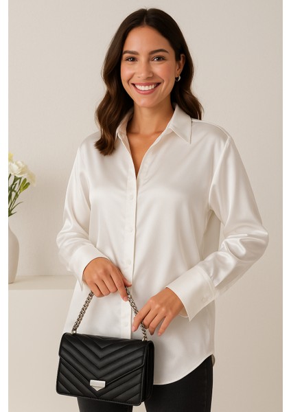 “kadın Saten Dokulu Şık Uzun Kollu Gömlek – Ofis & Günlük Kullanıma Uygun Bluz” fırsatları