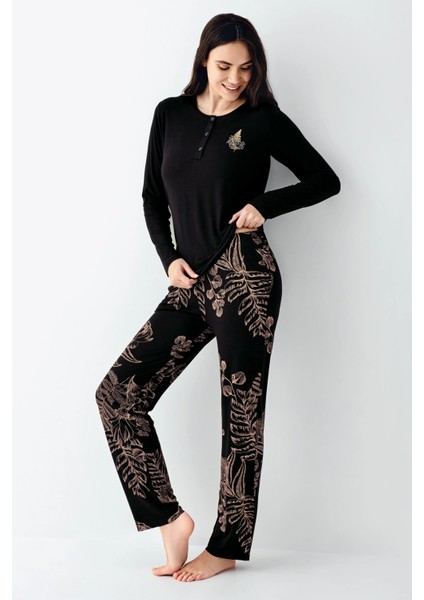 Siyah Desenli Bisiklet Yaka Uzun Kol Kadın Pijama Takım